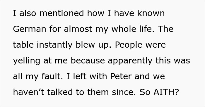 Text about a Canadian woman confronting her husband’s family over speaking German. Text about a Canadian woman confronting her husband’s family over speaking German.