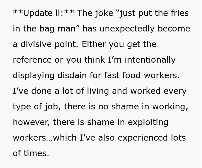 Text discussing a divisive joke about fast food workers and the shame in exploiting them.