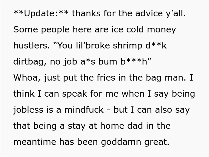 Text discussing advice for a man upset about maintaining an unwanted expensive gift from his wife.