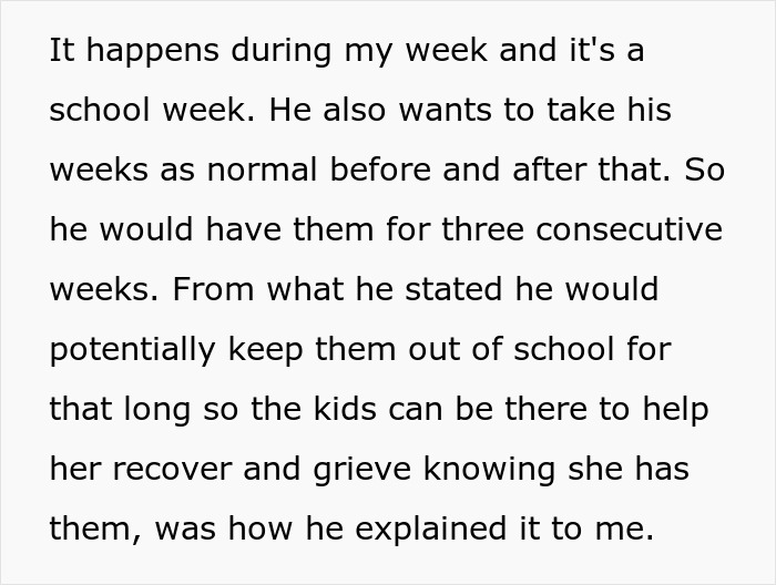 Text message discussing custody schedule and reasons for keeping kids out of school to support emotional recovery.