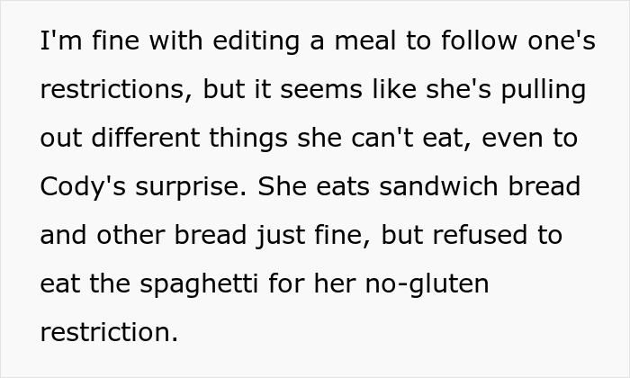 Text discussing meal adjustments for evolving allergies, surprising Cody. Text discussing meal adjustments for evolving allergies, surprising Cody.