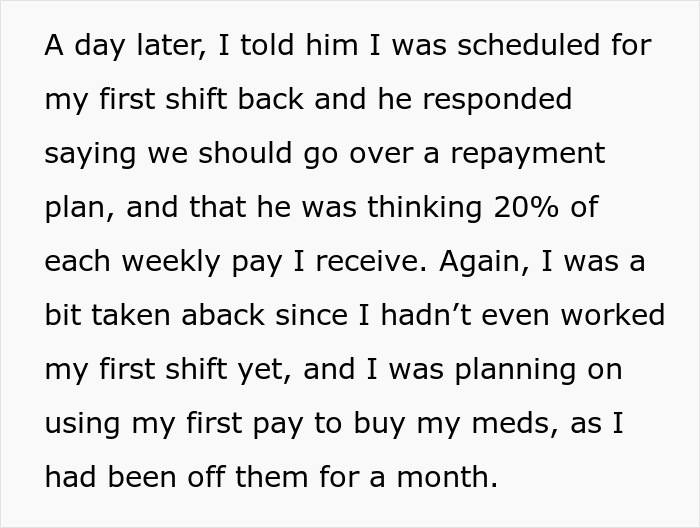 Text excerpt discussing a repayment plan related to a woman's regret over a Europe trip with her boyfriend.
