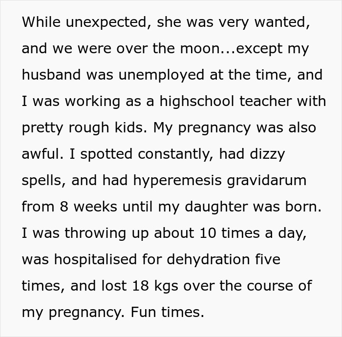 Text about pregnancy challenges faced by a high school teacher, including hyperemesis gravidarum. Text about pregnancy challenges faced by a high school teacher, including hyperemesis gravidarum.