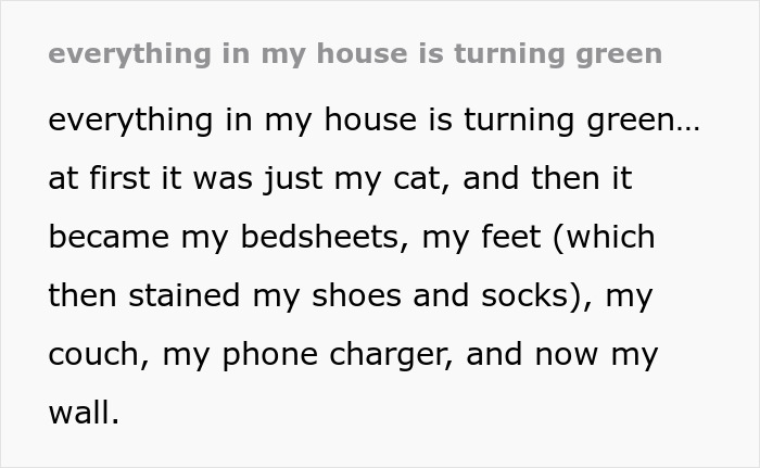 Text describes various items in a home turning green, causing stains on furniture and personal belongings.