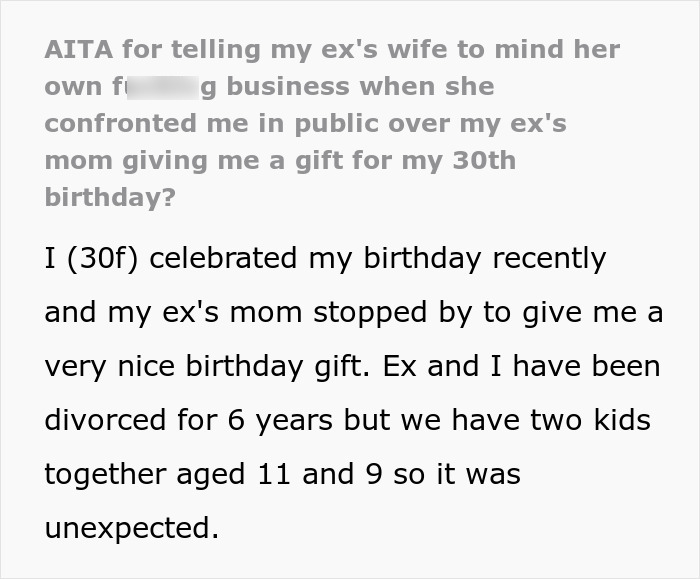 Text exchange about ex-MIL gifting a bracelet for 30th birthday, causing fuss with ex's new wife.