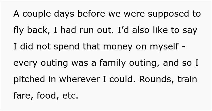 Text describing a woman's regret over expenses on a Europe trip with boyfriend.