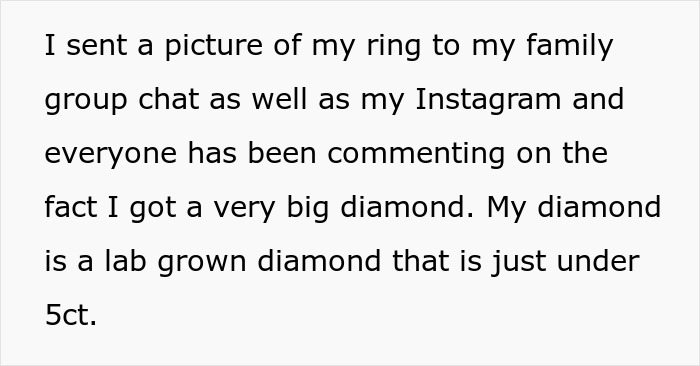 Text about a big lab-grown diamond ring shared on social media. Text about a big lab-grown diamond ring shared on social media.