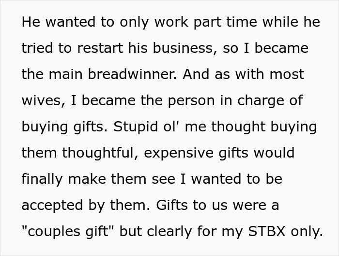 Text from an article about a husband choosing his mom and sister over his wife, discussing gifts and acceptance.