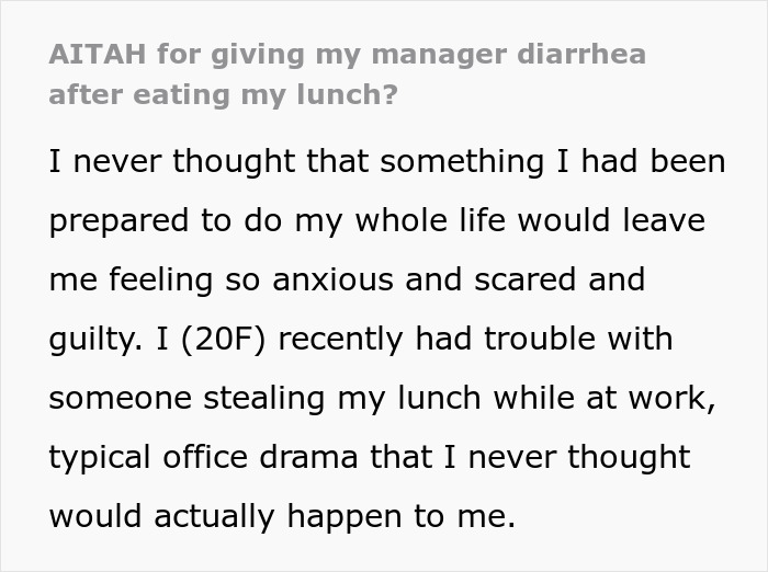 Text discussing an office worker's anxiety and guilt over an incident involving her lunch being tampered with.