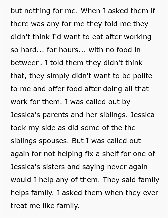 Text about a man refusing to help his in-laws after feeling mistreated and discussing family dynamics.