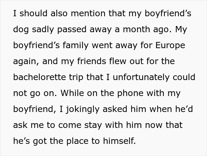 Text discussing boyfriend's dog passing and plans for a Europe trip; woman regretting agreeing due to money demands.