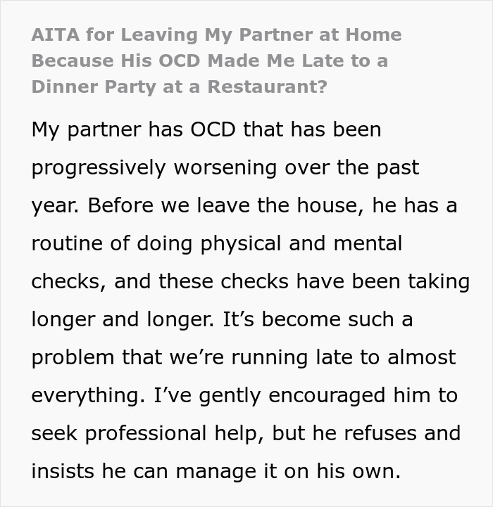 Text about a partner's OCD causing delays to events, including dinner parties.