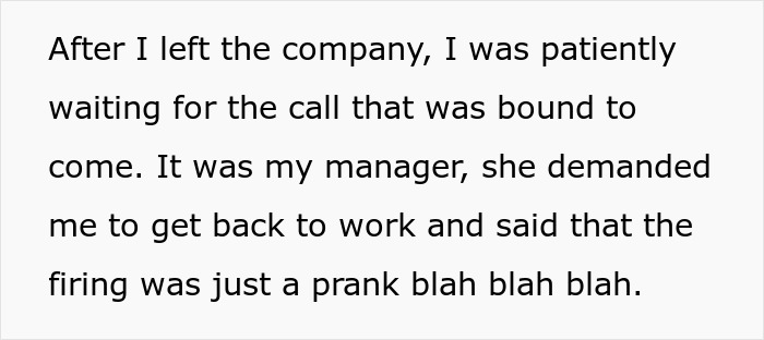Text describing being fired as a prank, highlighting managerial panic.
