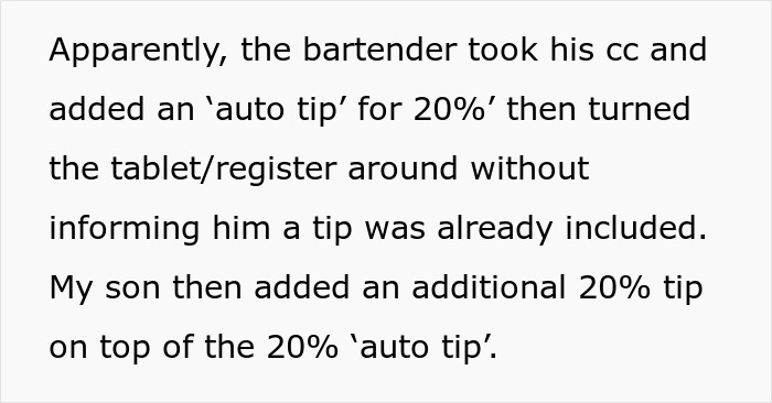Text describes a bartender adding an auto tip without informing the customer, causing a double tip.