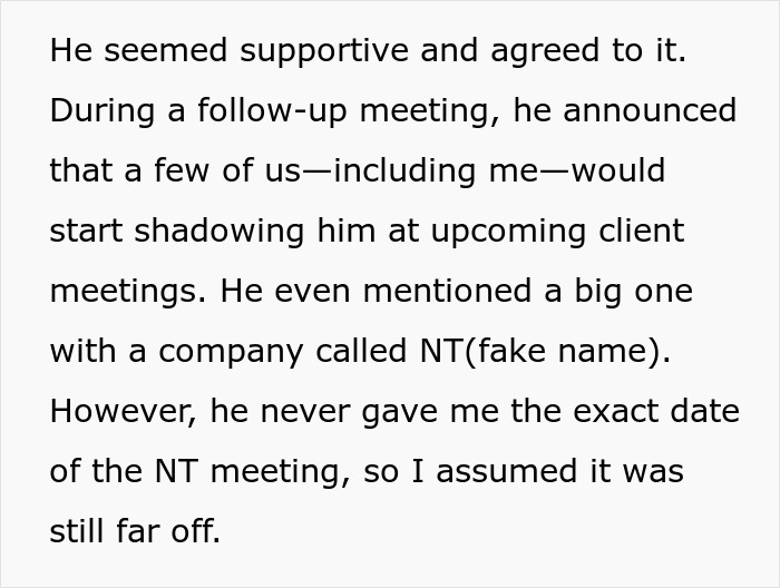 Text discussing a boss who seemed supportive but withheld key meeting dates, leaving an employee unprepared. Text discussing a boss who seemed supportive but withheld key meeting dates, leaving an employee unprepared.