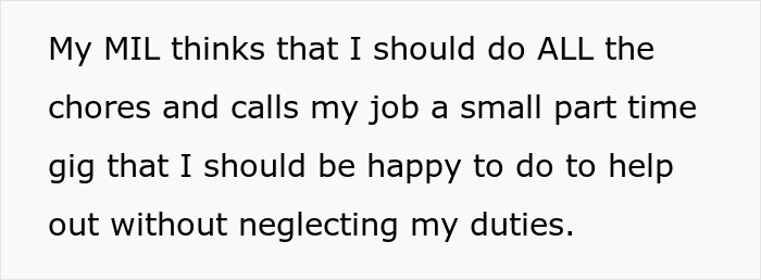 Text about MIL's belief that chores and duties are more important than a part-time job.