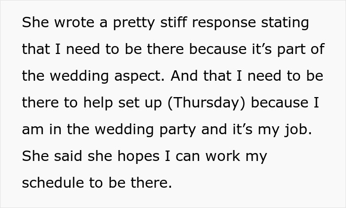 Text image discussing bachelorette mini vacation drama, focusing on wedding obligations and schedule conflicts.