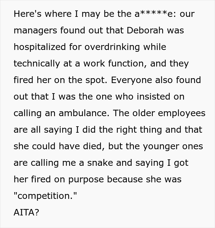 Text discussing coworker fired after an ambulance was called for overdrinking at a work event.
