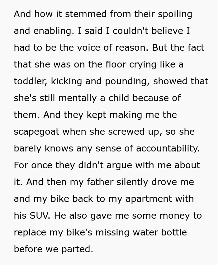 Text describing a conflict where a woman, described as spoiled, causes issues over a bike-related dispute. Text describing a conflict where a woman, described as spoiled, causes issues over a bike-related dispute.