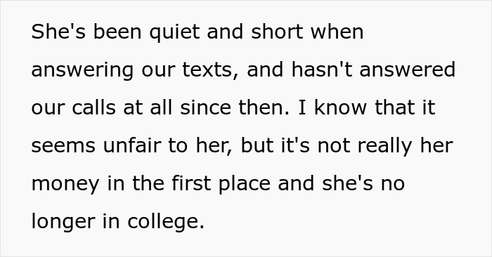 Text on image discussing unfairness as daughter struggles to pay for college.