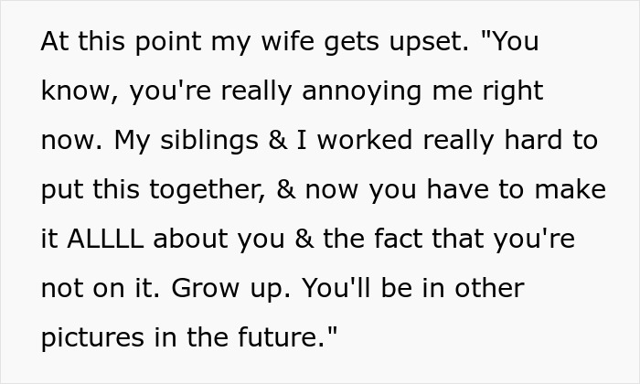 Text discussing in-laws’ anniversary collage, with wife expressing frustration about missing husband in the photo collage. Text discussing in-laws’ anniversary collage, with wife expressing frustration about missing husband in the photo collage.