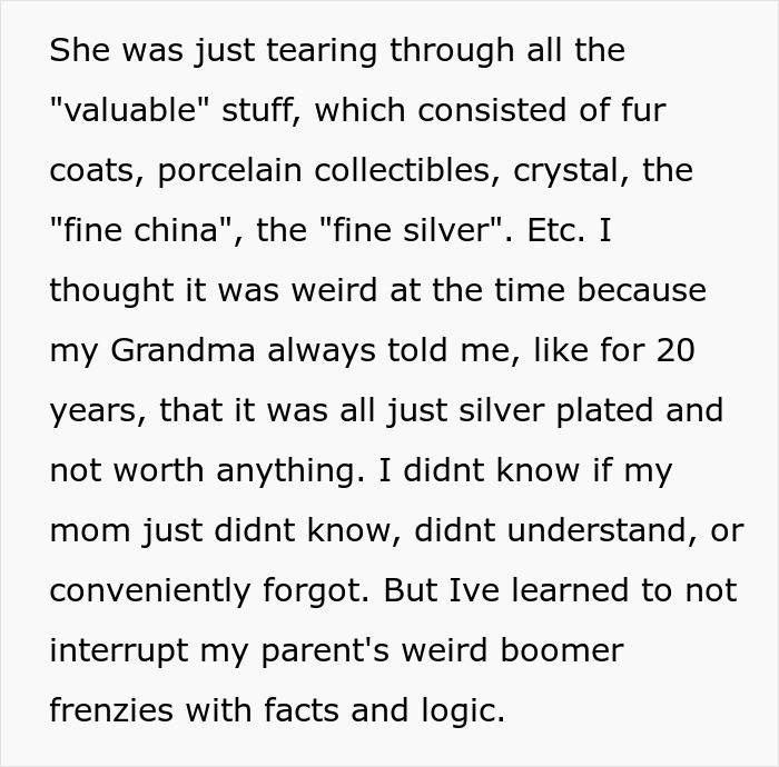Text about a woman collecting heirlooms, reflecting on their actual value. Text about a woman collecting heirlooms, reflecting on their actual value.