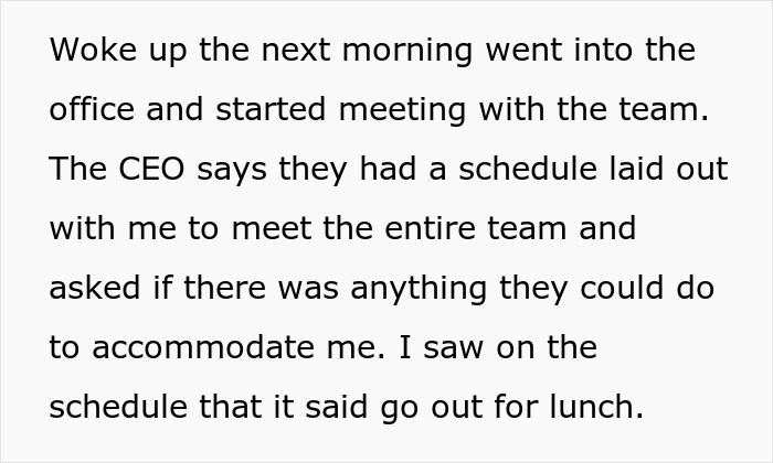 Text snippet about office meeting schedule, mentioning the CEO and a planned team lunch outside the office.