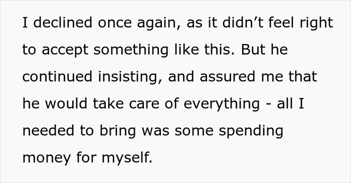 Text about a woman's hesitation to accept a free Europe trip with her boyfriend, who later demands money.