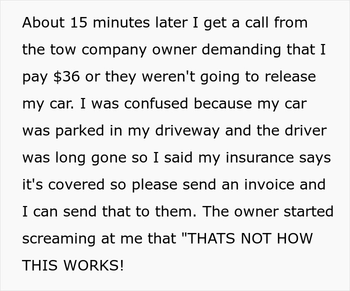 Text message about towing company demanding $36, involving a parked car and disputed charge. Text message about towing company demanding $36, involving a parked car and disputed charge.