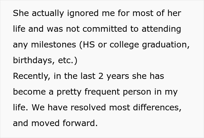 Text about resolving differences with mom and her recent frequent presence in life.