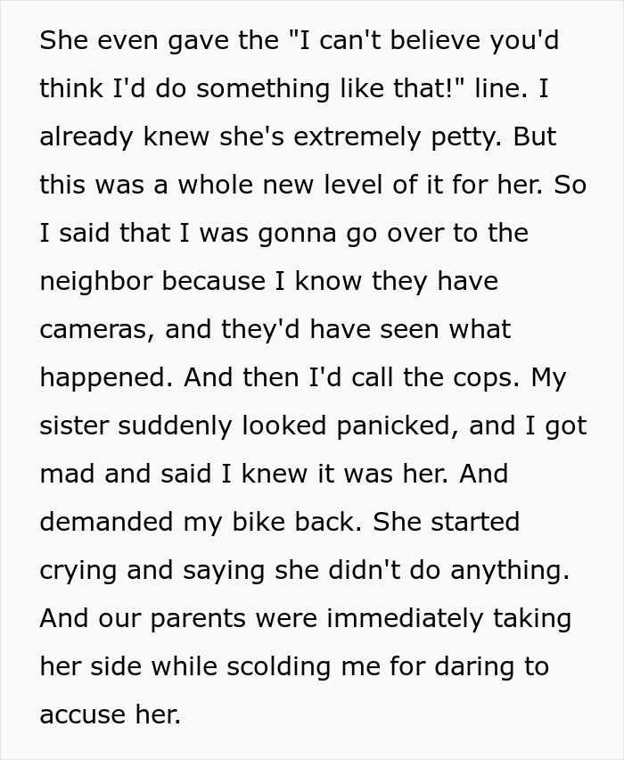 Text describing a disagreement over stolen bike, highlighting spoiled behavior. Text describing a disagreement over stolen bike, highlighting spoiled behavior.