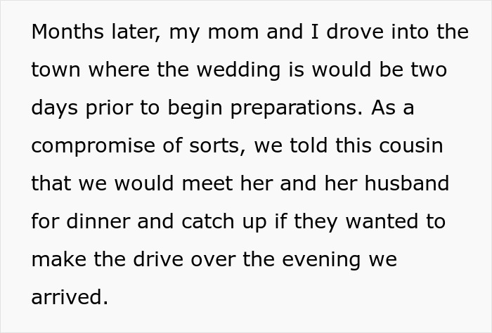 Text excerpt about wedding preparations and a cousin being invited for dinner.