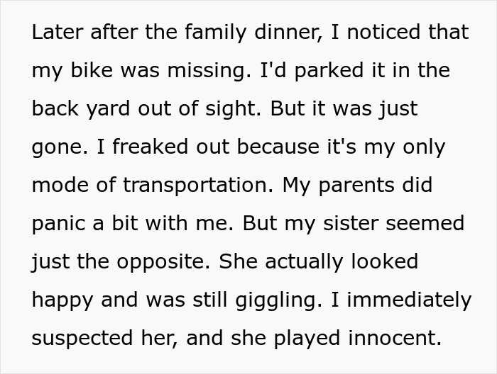 Text mentions missing bike, brother suspects sister after dinner disagreement; she's amused and feigns innocence. Text mentions missing bike, brother suspects sister after dinner disagreement; she's amused and feigns innocence.