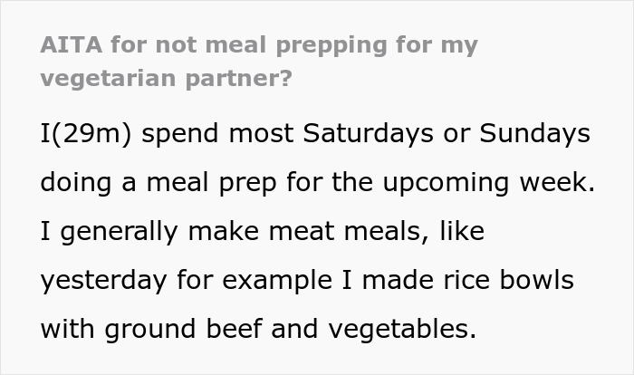 Text snippet about a vegetarian wife upset over her husband's meat-based meal prep choices. Text snippet about a vegetarian wife upset over her husband's meat-based meal prep choices.