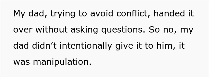 Text discussing a family feud over a handed-down heirloom and manipulation.