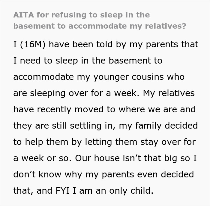Text of a 16-year-old refusing to sleep in a cold basement, as parents accommodate relatives in his room.