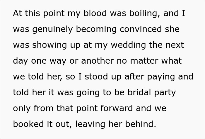 Text describing a situation with a woman trying to attend a wedding rehearsal dinner.