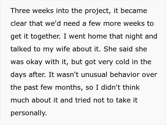Text discussing a project delay and unusual behavior from a spouse related to infidelity accusations and PPD. Text discussing a project delay and unusual behavior from a spouse related to infidelity accusations and PPD.