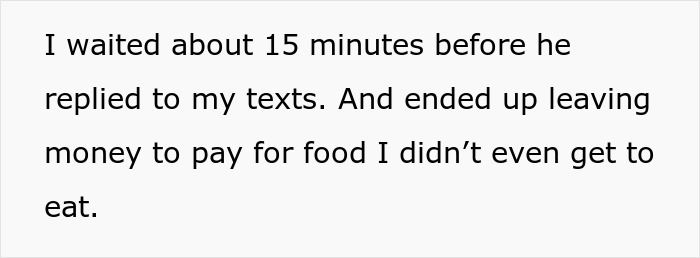 Text excerpt about waiting 15 minutes for a reply and leaving money for uneaten food.