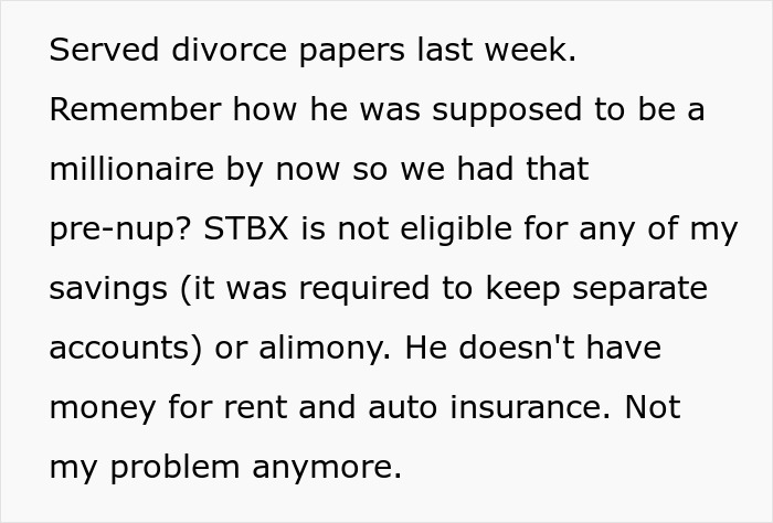 Text about a husband choosing mom and sister over wife, discussing divorce, prenup, and financial issues.