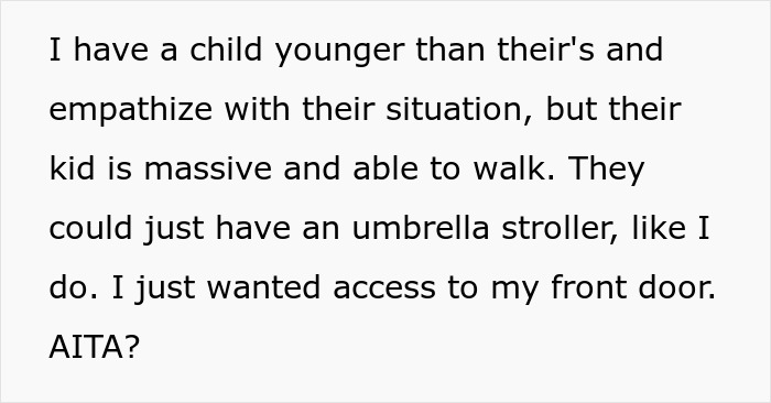 Text about a woman frustrated with neighbors blocking her door with a stroller.