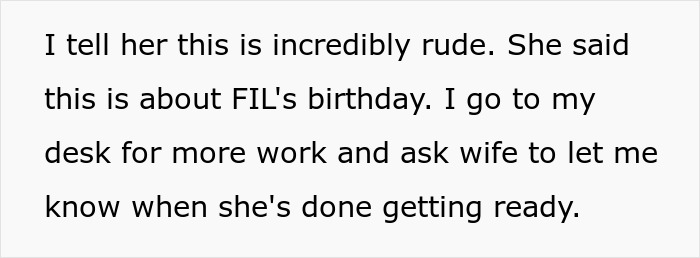Text discussing "FIL's birthday" related to in-laws brunch dinner exclusion. Text discussing "FIL's birthday" related to in-laws brunch dinner exclusion.