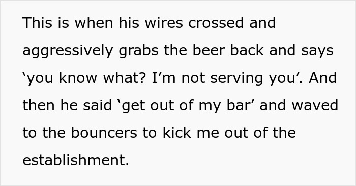 Text describing a confrontation at a bar where a bartender reacts aggressively over tipping.