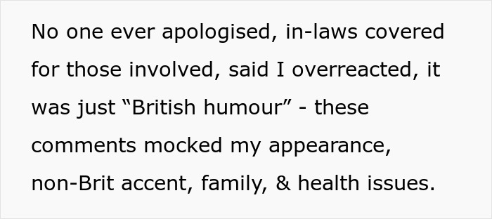 Text discussing in-laws' mockery over appearance, accent, family, and health issues.