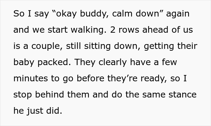 Text excerpt describes a traveler complying with stubborn passenger&rsquo;s demand to deplane row by row, featuring a waiting couple.