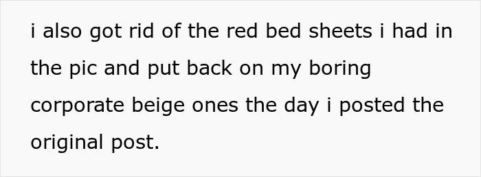 Text about changing red bed sheets to beige ones, related to an online user's joke about stains.