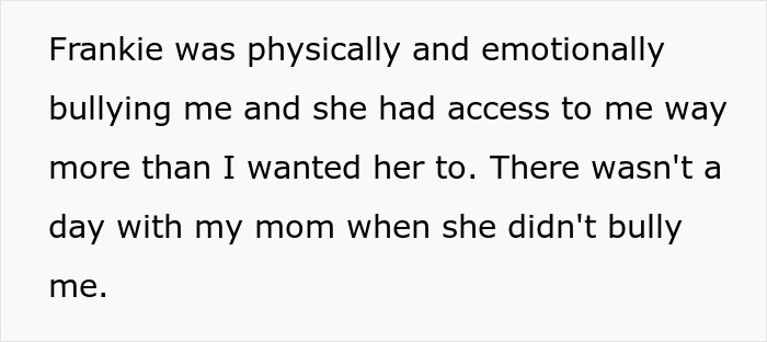 Text describing teen's experience of bullying by mom&rsquo;s stepkid, expressing emotional and physical distress.
