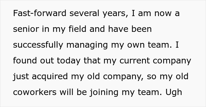 Text box about a woman managing a team, her company acquiring her old company, and old coworkers joining her team.