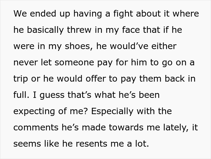 Text discussing a woman's regret about a Europe trip with her boyfriend, highlighting tension over money demands.