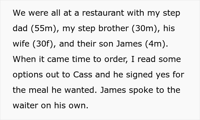 Text describing a family dining at a restaurant, discussing meal choices and ordering. Text describing a family dining at a restaurant, discussing meal choices and ordering.